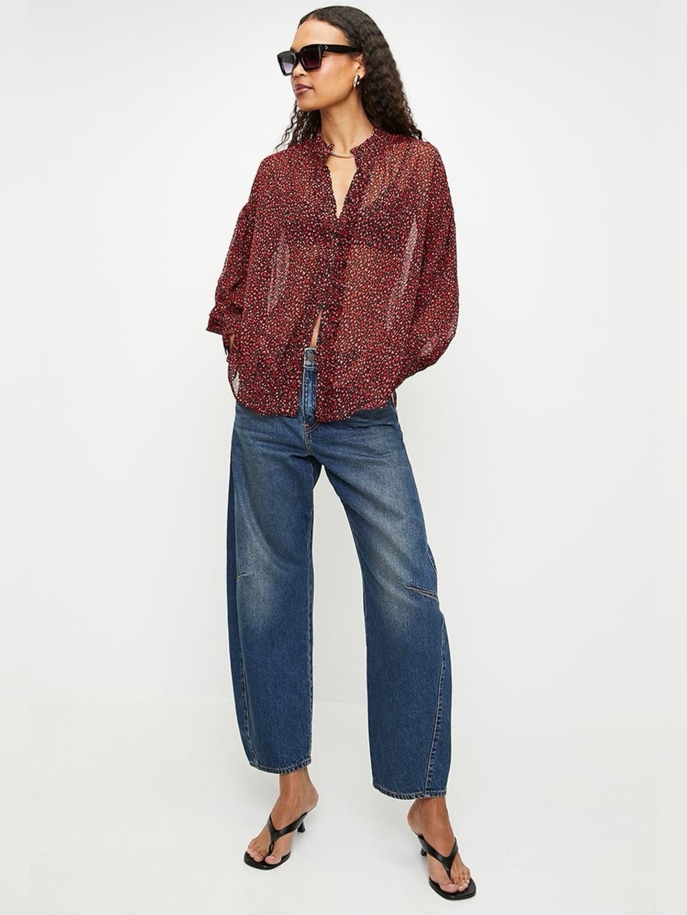Mango Sheer Ruffle Floral Blouse Romantic Boho Chic Women Size S